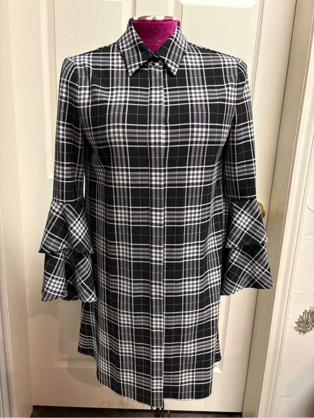 Alice + Olivia Black and White Plaid Double Bell Sleeve Dress